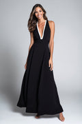 Simple A-Line V Neck Maxi Black Tie Dress
