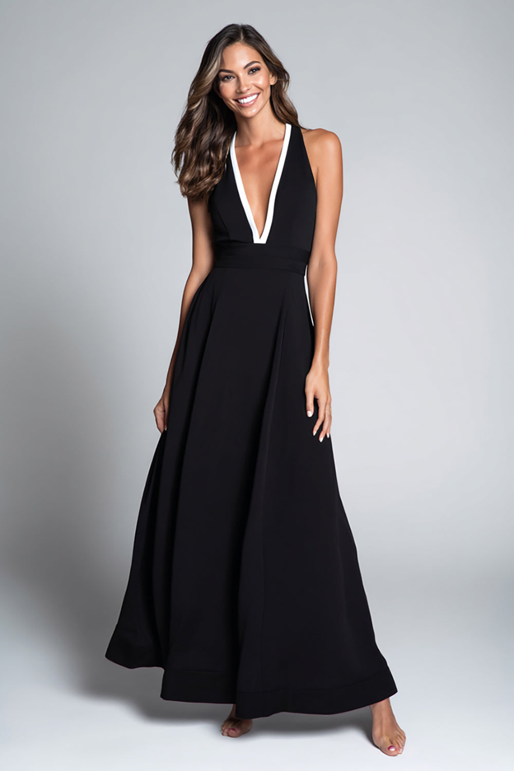Simple A-Line V Neck Maxi Black Tie Dress
