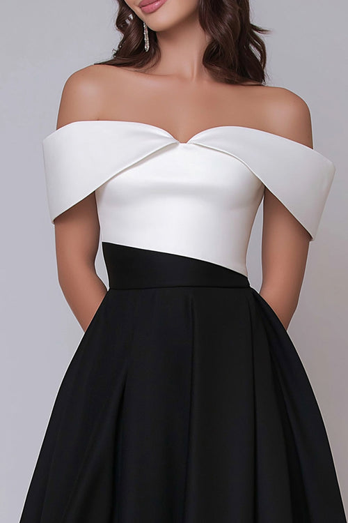 Off The Shoulder Black and White A-Line Formal Dress