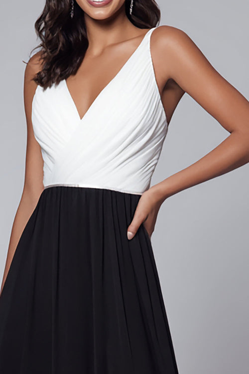 Black and White A Line V-Neck Formal Dress With Slit