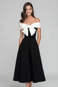 Off the Shoulder A-Line Black and White Midi Dress With Bow