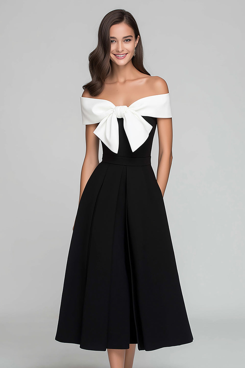 Off the Shoulder A-Line Black and White Midi Dress With Bow