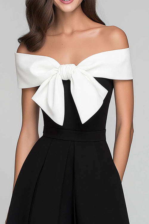 Off the Shoulder A-Line Black and White Midi Dress With Bow