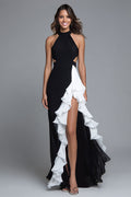 Black and White Halter A-Line Formal Dress With Slit