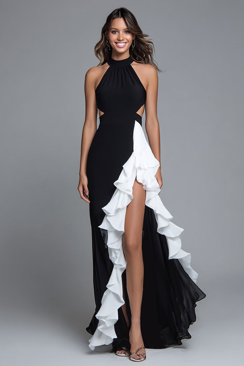 Black and White Halter A-Line Formal Dress With Slit