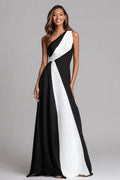 One Shoulder Black and White A-Line Long Formal Dress