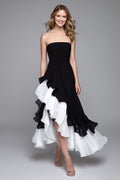 Black and White Strapless Semi-Formal Dress With Ruffles