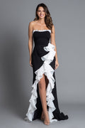 Ruffled Black and White Strapless Formal Dress With Slit