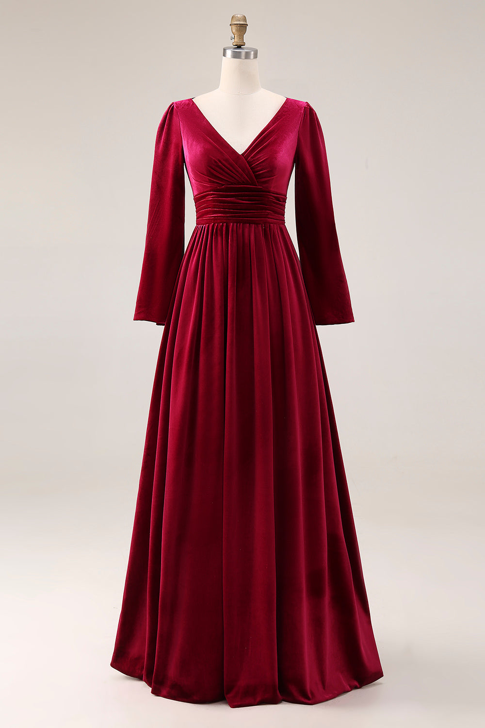 Burgundy A-Line Velvet Holiday Party Dress With Long Sleeves