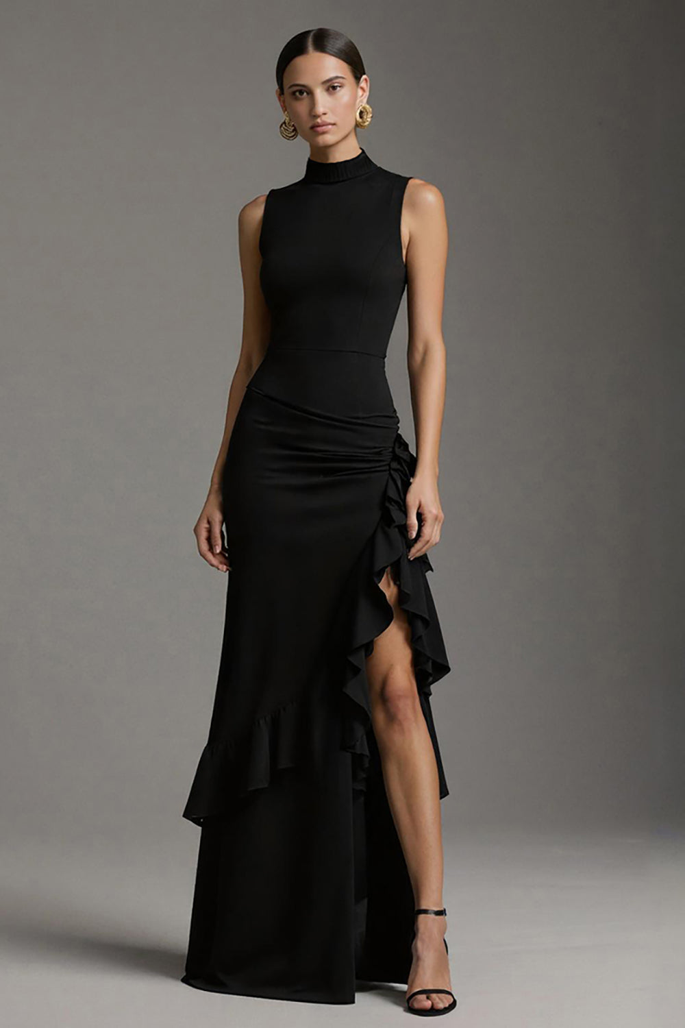 High Neck Sheath Ruffled Black Tie Dress With Slit