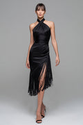 Halter Black Semi-Formal Dress With Tassels