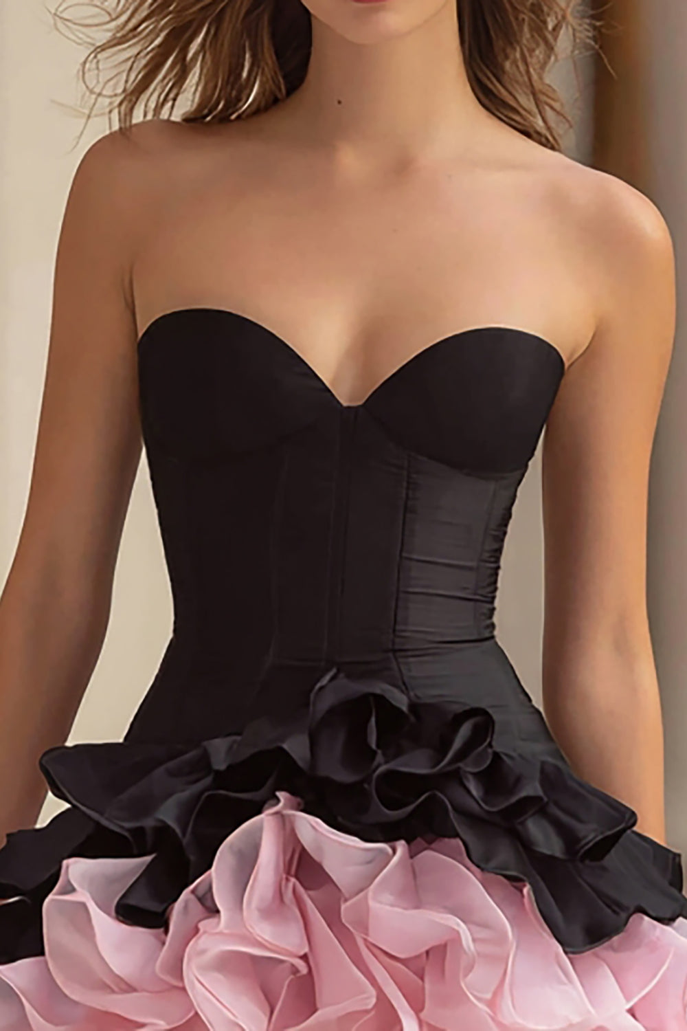 Black and Pink A-Line Strapless Homecoming Dress With Ruffles