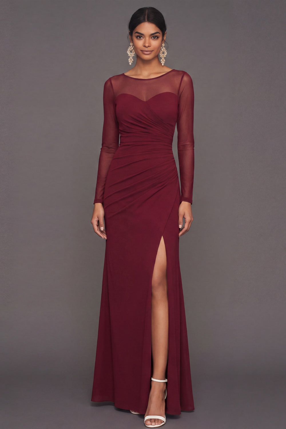 Mermaid Cabernet Boat Neck Formal Dress with Slit