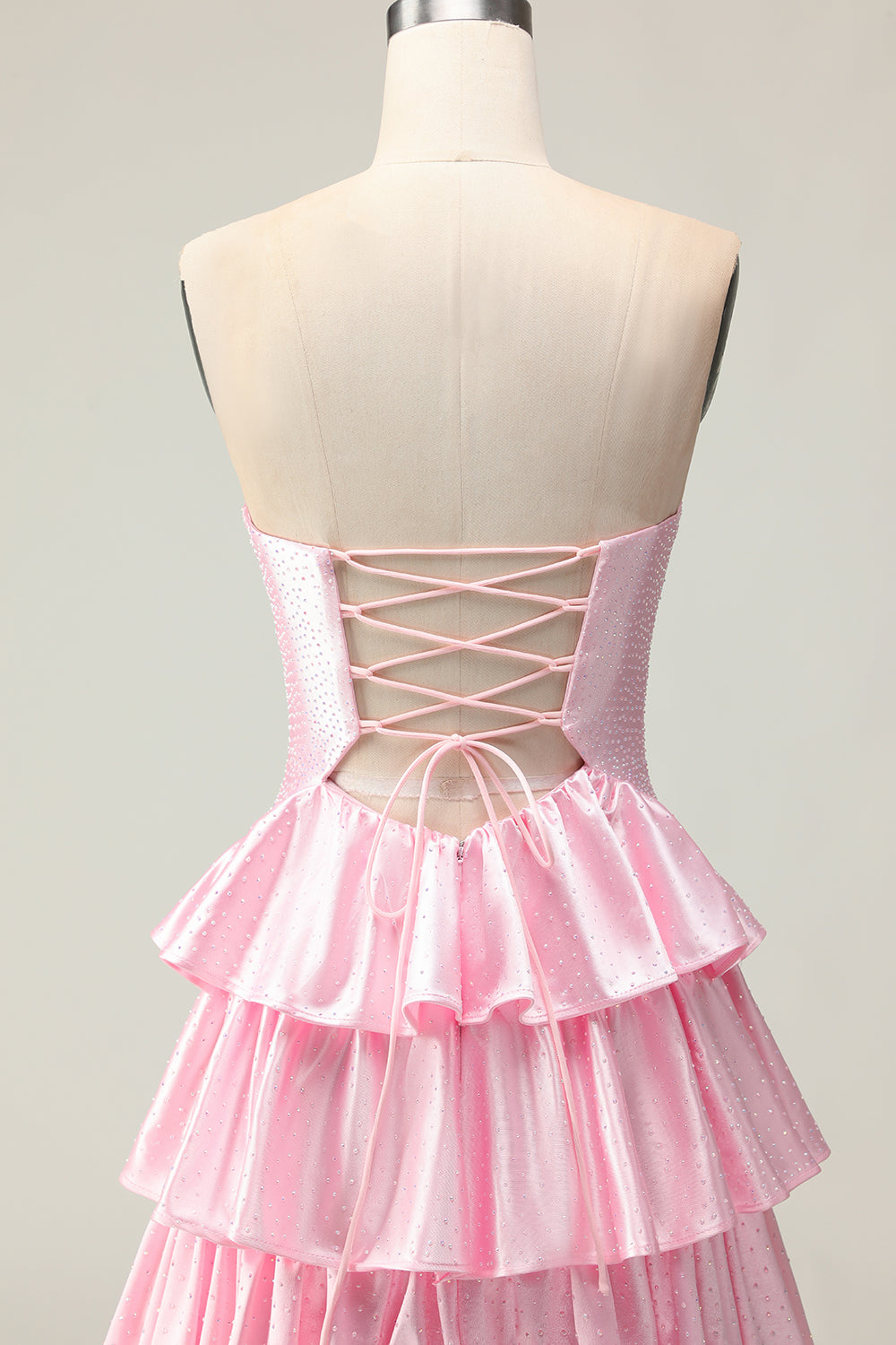 Pink Strapless Tiered Beaded A-Line Prom Dress With Slit