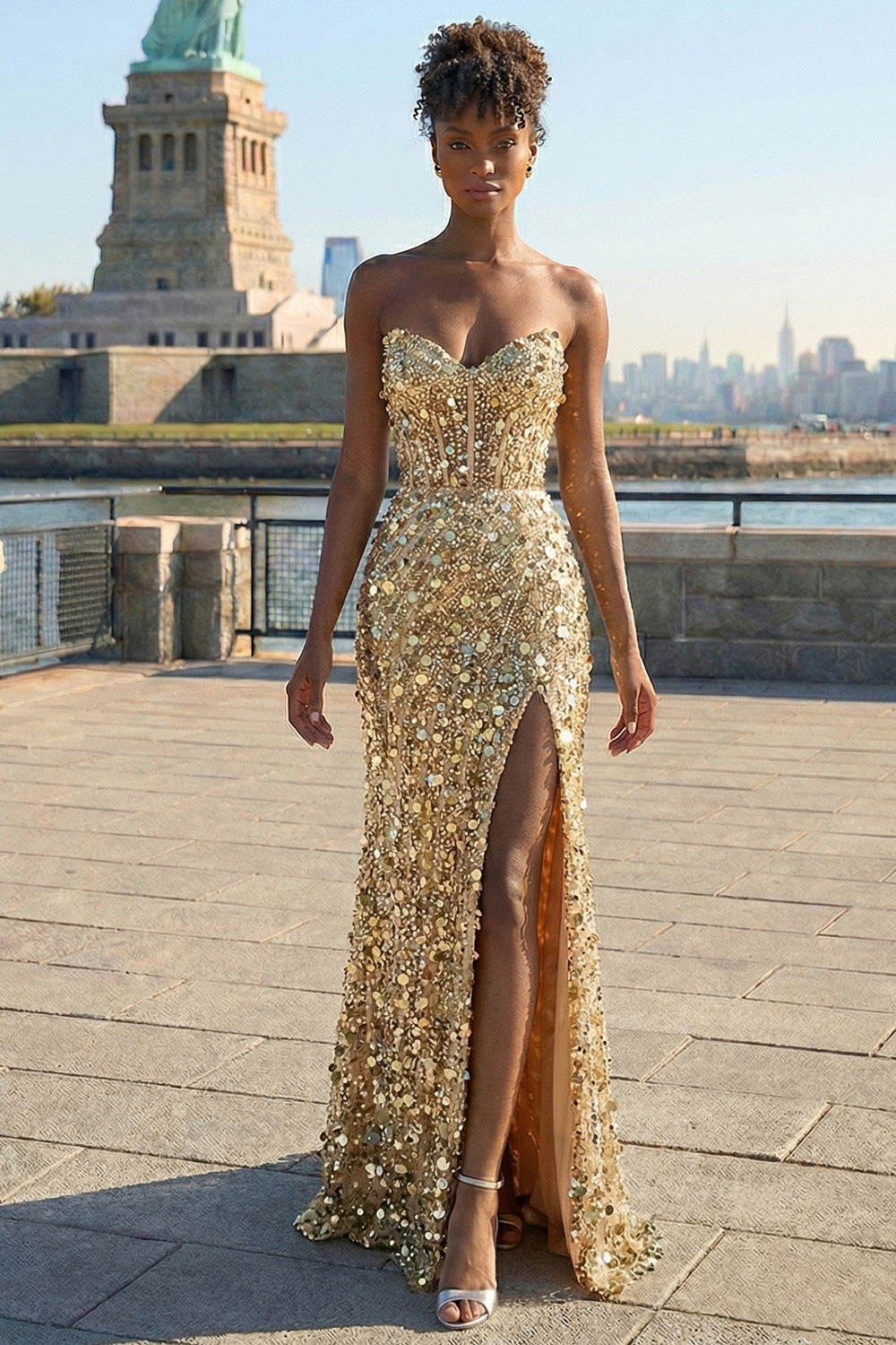 Sparkly Royal Blue Strapless Corset Mermaid Prom Dress with Slit