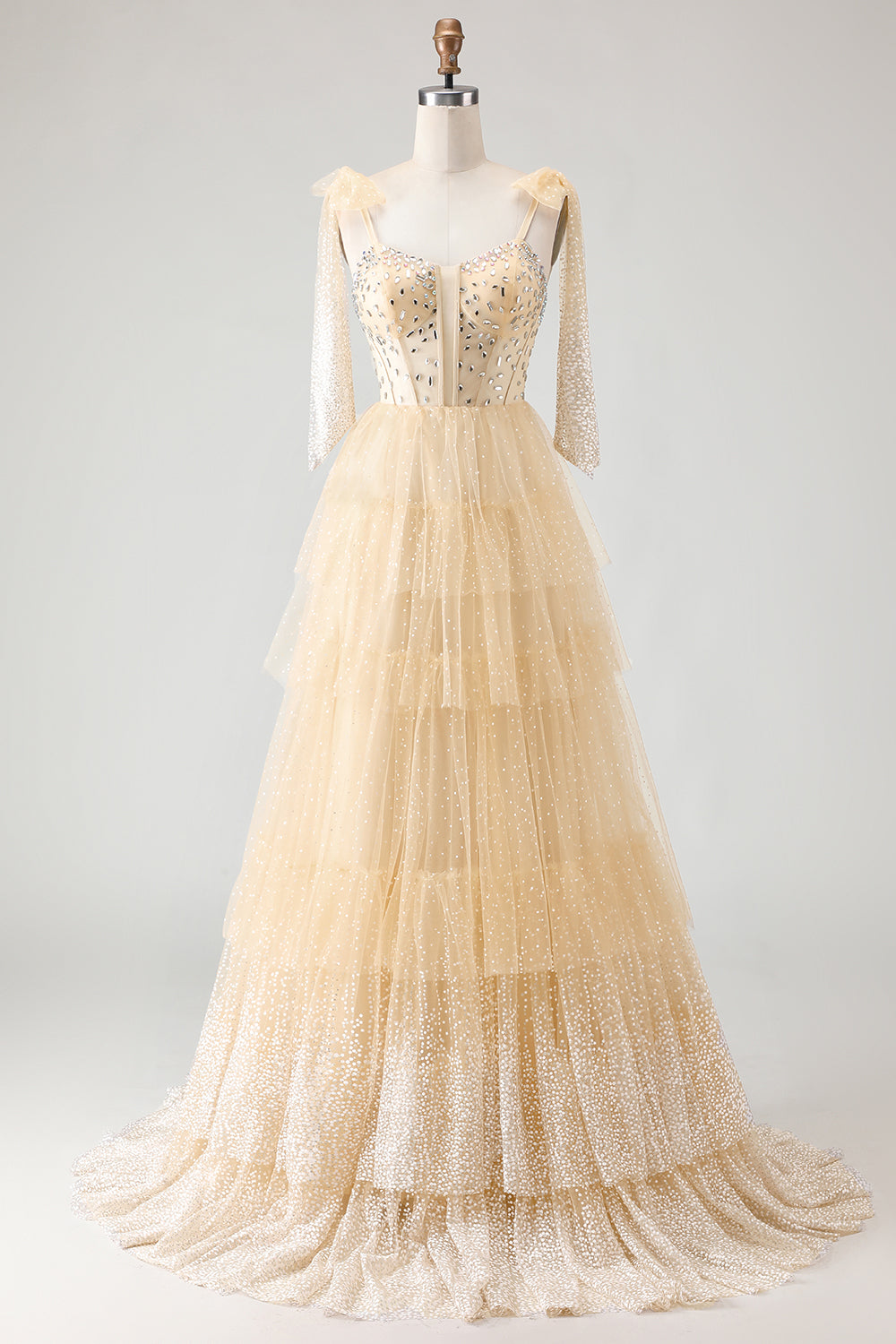 Corset A-Line Beaded Apricot Prom Dress With Lace Up Back
