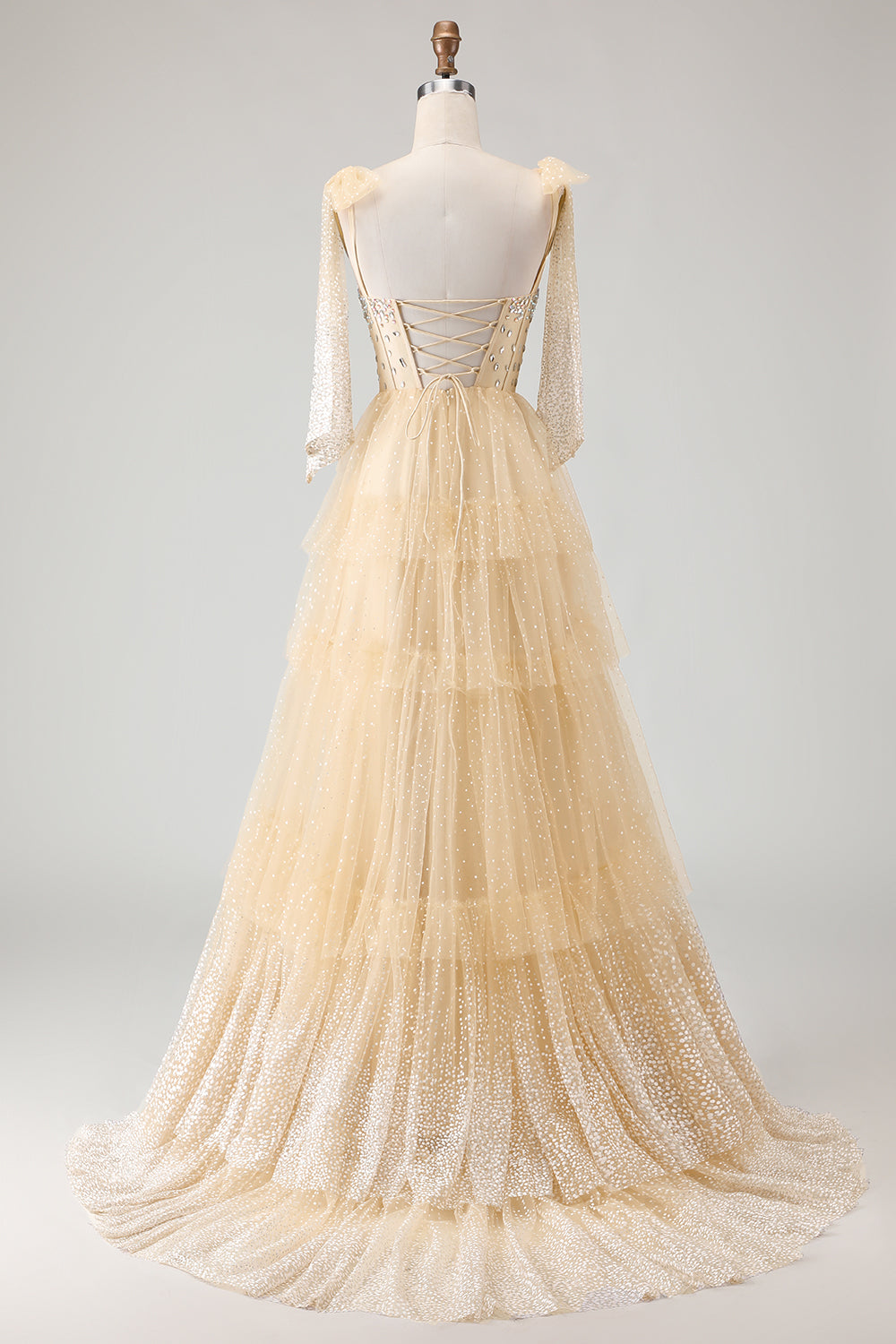 Sparkly Champagne Corset A Line Ruffled Prom Dress