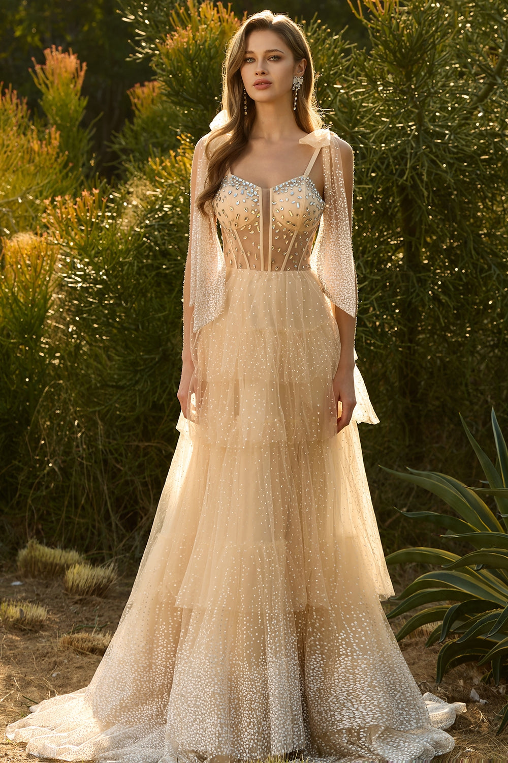 Corset A-Line Beaded Apricot Prom Dress With Lace Up Back