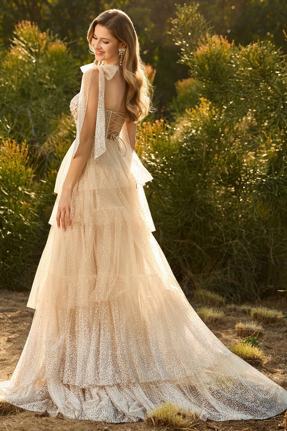 Pink A Line Corset Ruffled Prom Dress with Rhinestones