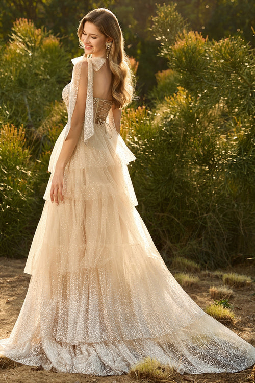 Sparkly Champagne Corset A Line Ruffled Prom Dress