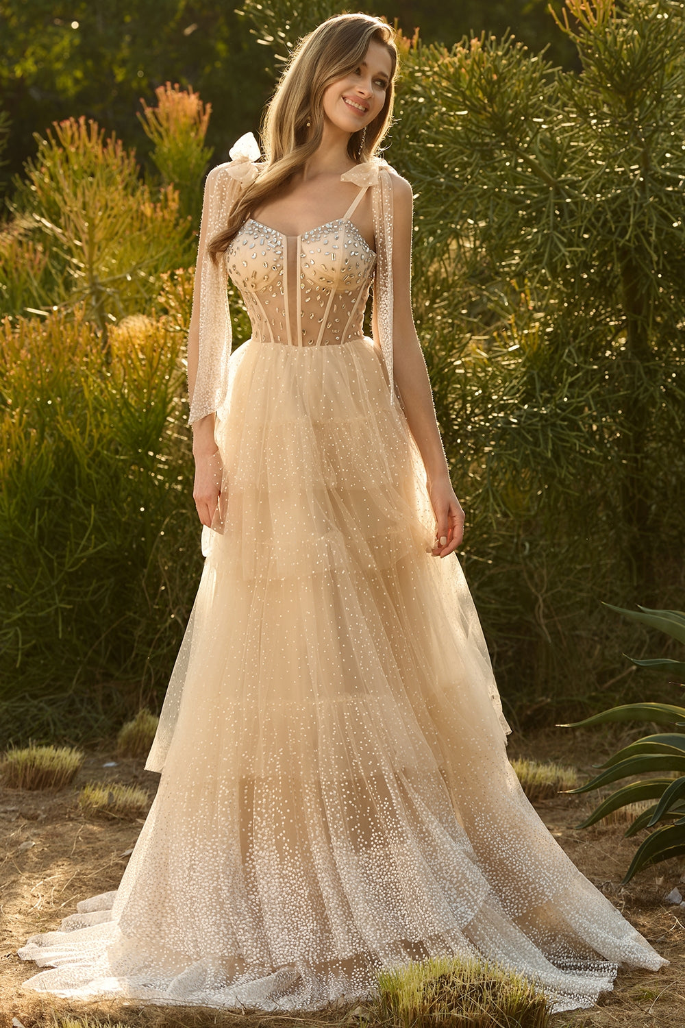 Sparkly Champagne Corset A Line Ruffled Prom Dress