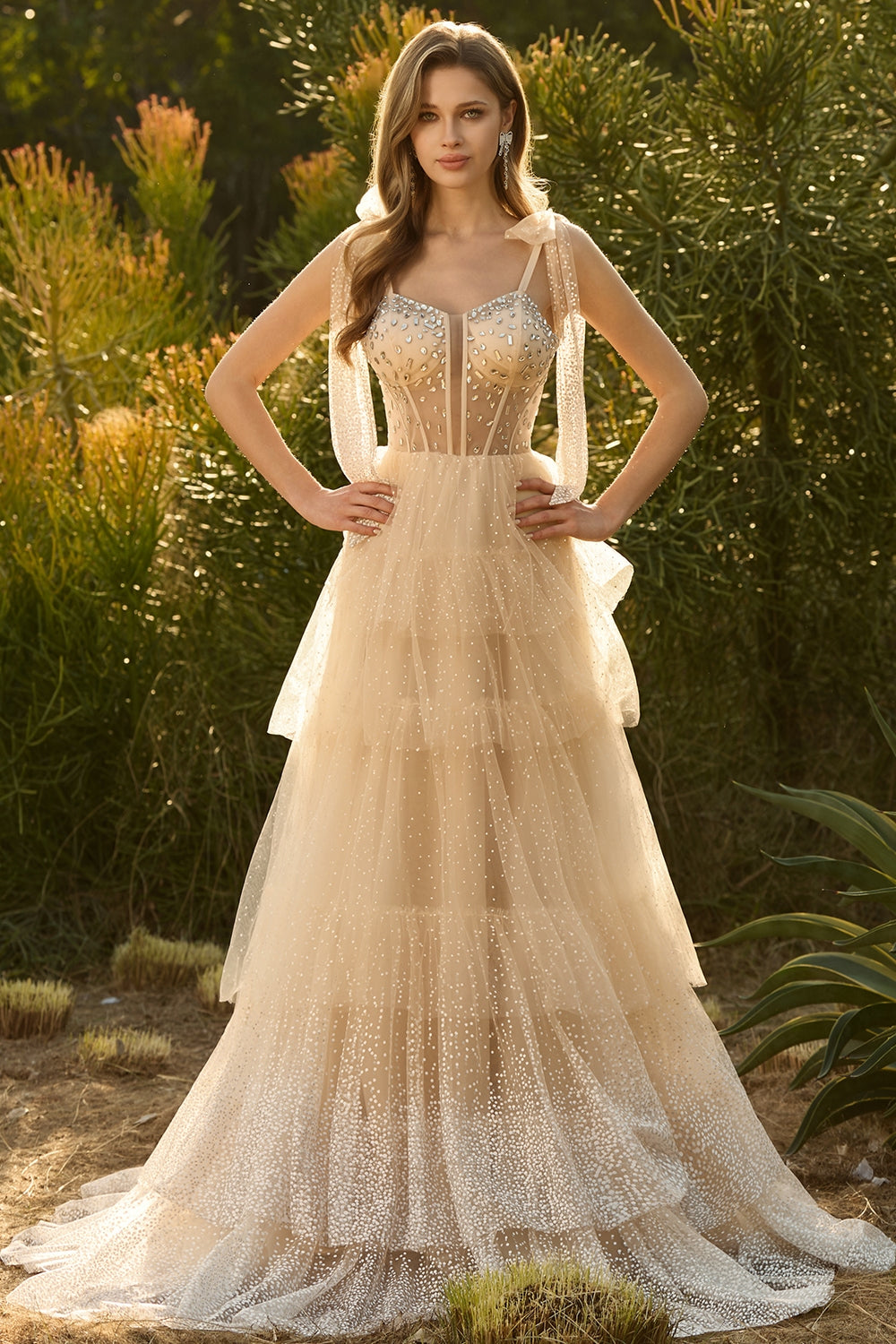 Sparkly Champagne Corset A Line Ruffled Prom Dress