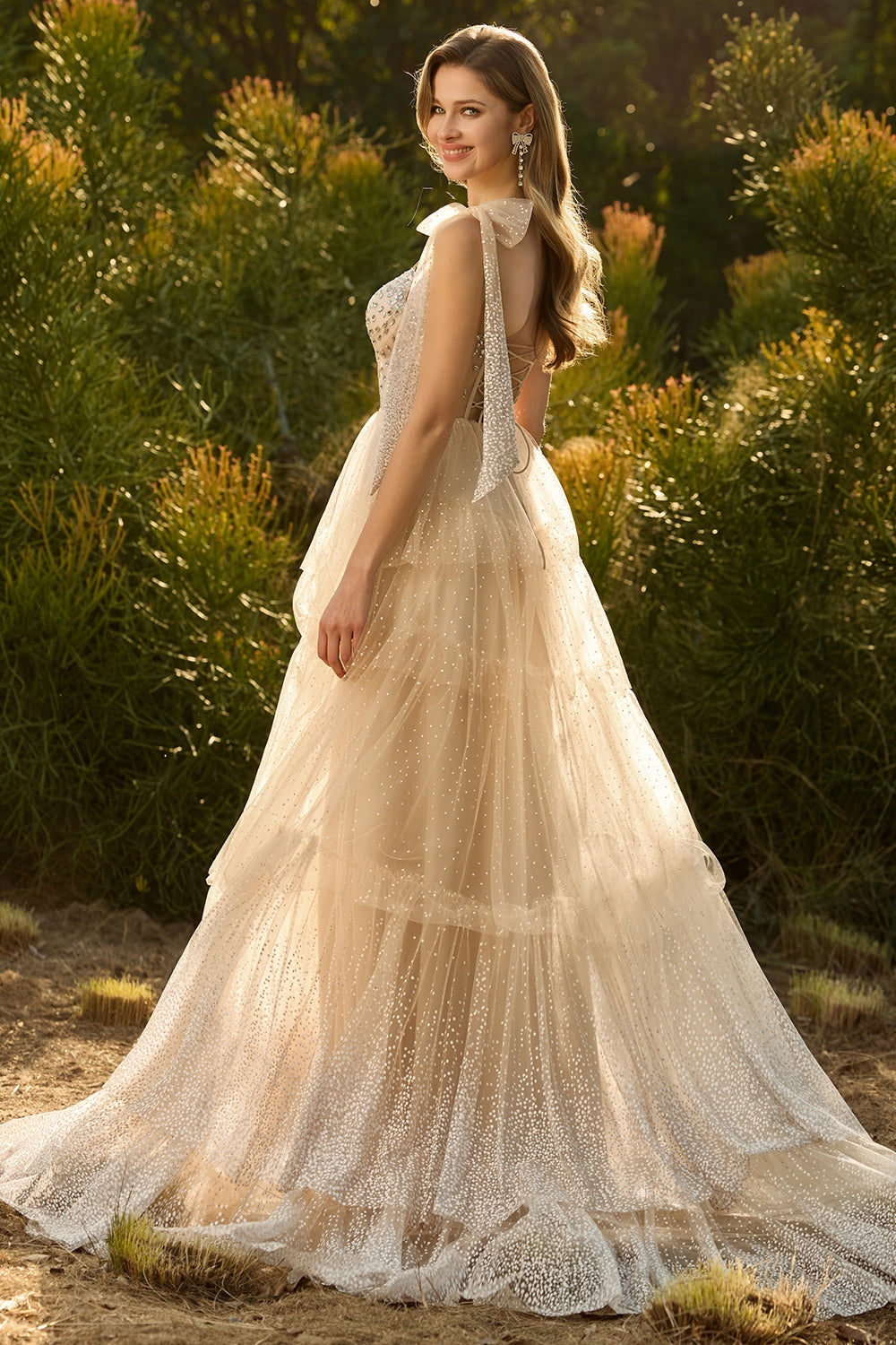 Sparkly Champagne Corset A Line Ruffled Prom Dress