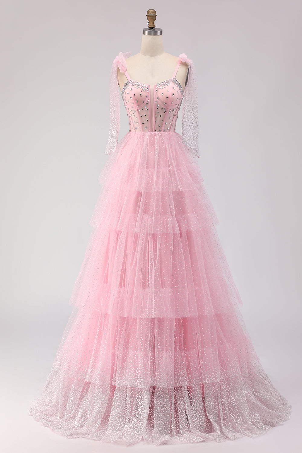 Corset A-Line Beaded Apricot Prom Dress With Lace Up Back