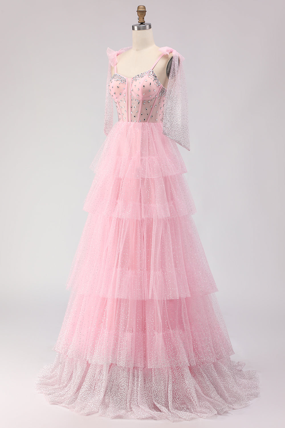 Sparkly Champagne Corset A Line Ruffled Prom Dress