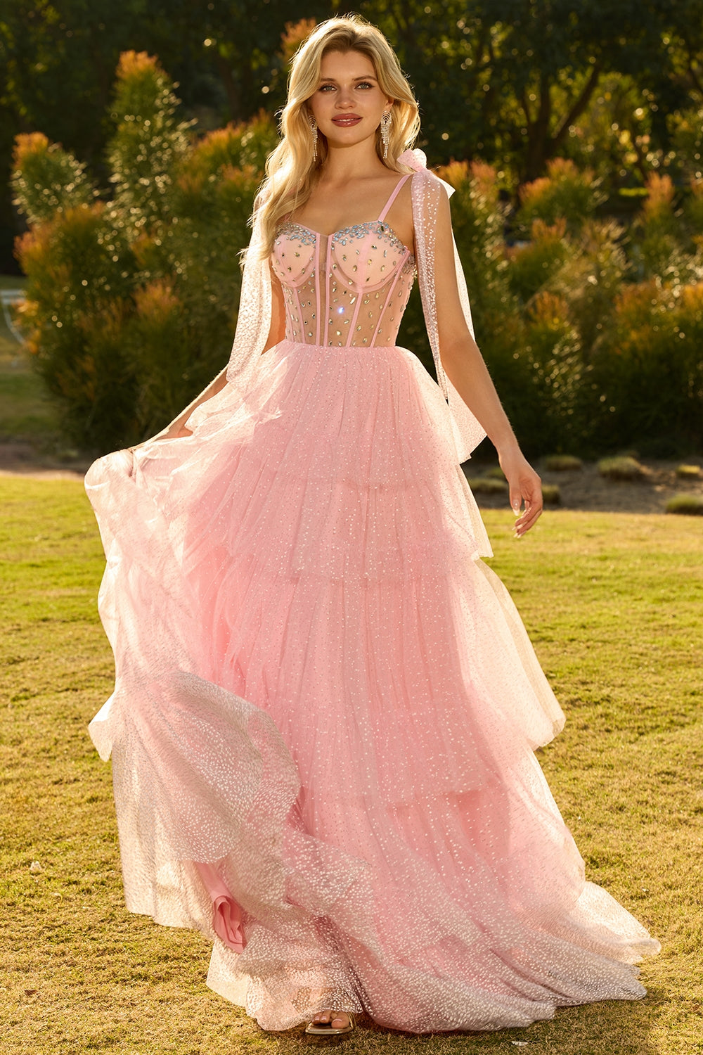 Pink A Line Corset Ruffled Prom Dress with Rhinestones