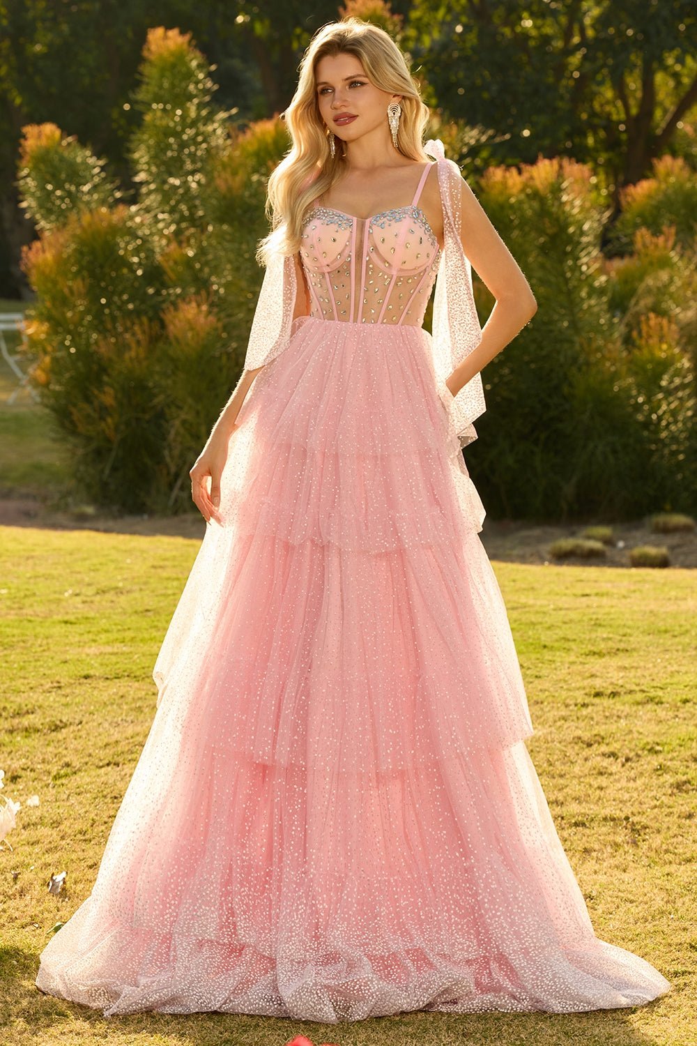 Sparkly Champagne Corset A Line Ruffled Prom Dress