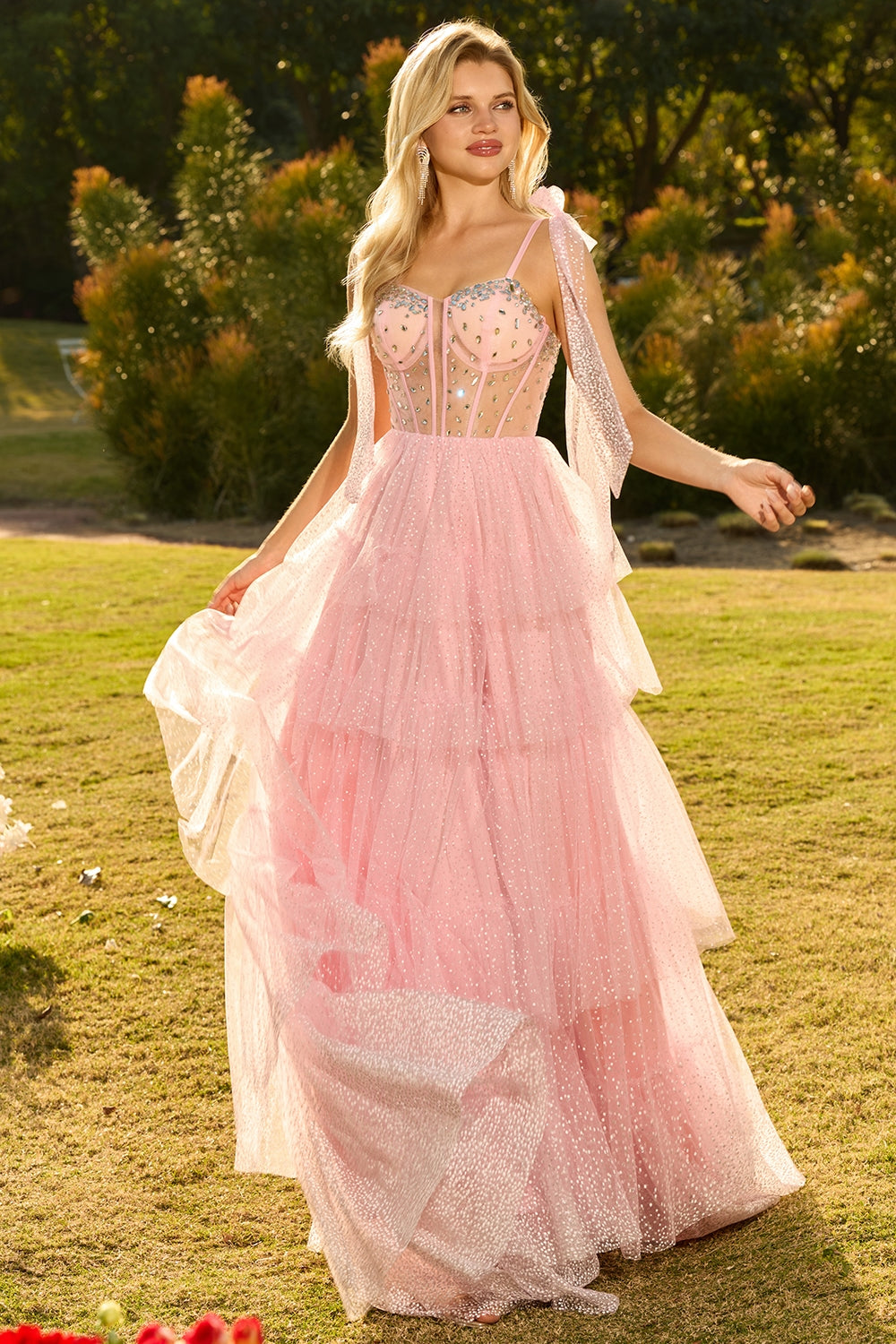 Sparkly Champagne Corset A Line Ruffled Prom Dress