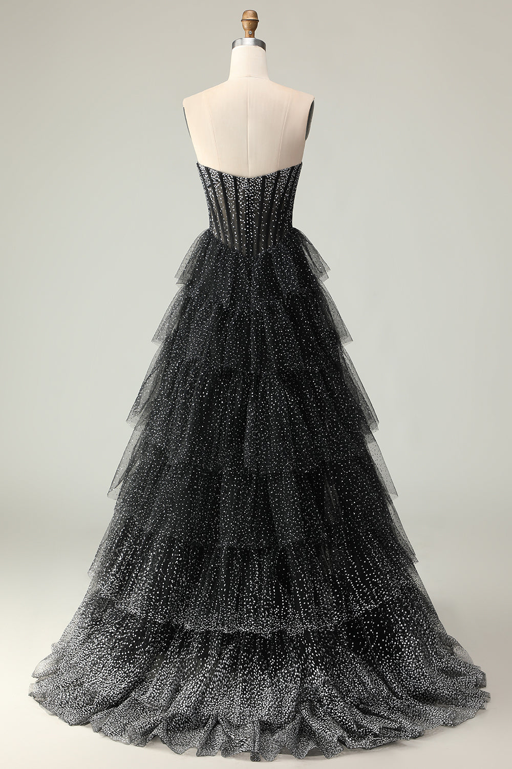 Black White Dot Sweetheart Corset Tiered A-Line Prom Dress With Slit