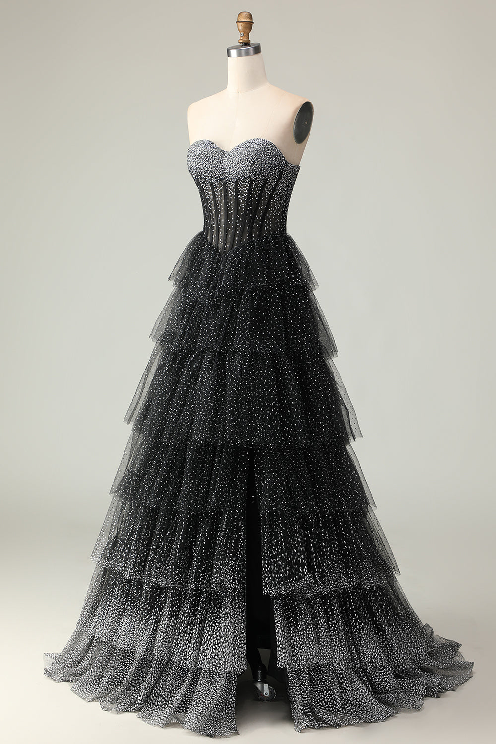 Black White Dot Sweetheart Corset Tiered A-Line Prom Dress With Slit