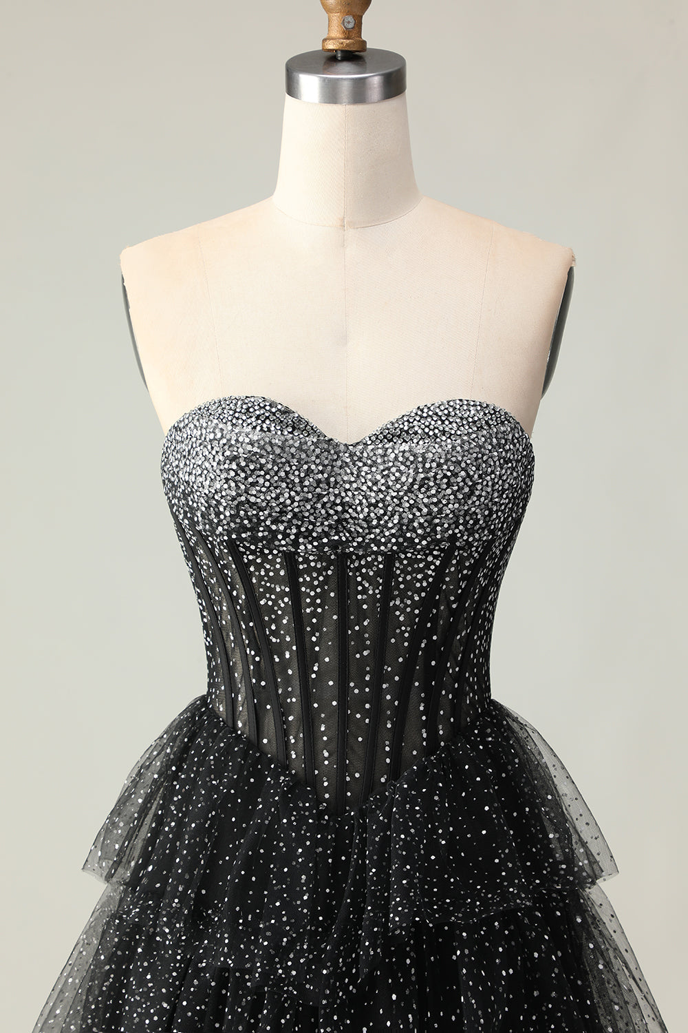 Black White Dot Sweetheart Corset Tiered A-Line Prom Dress With Slit