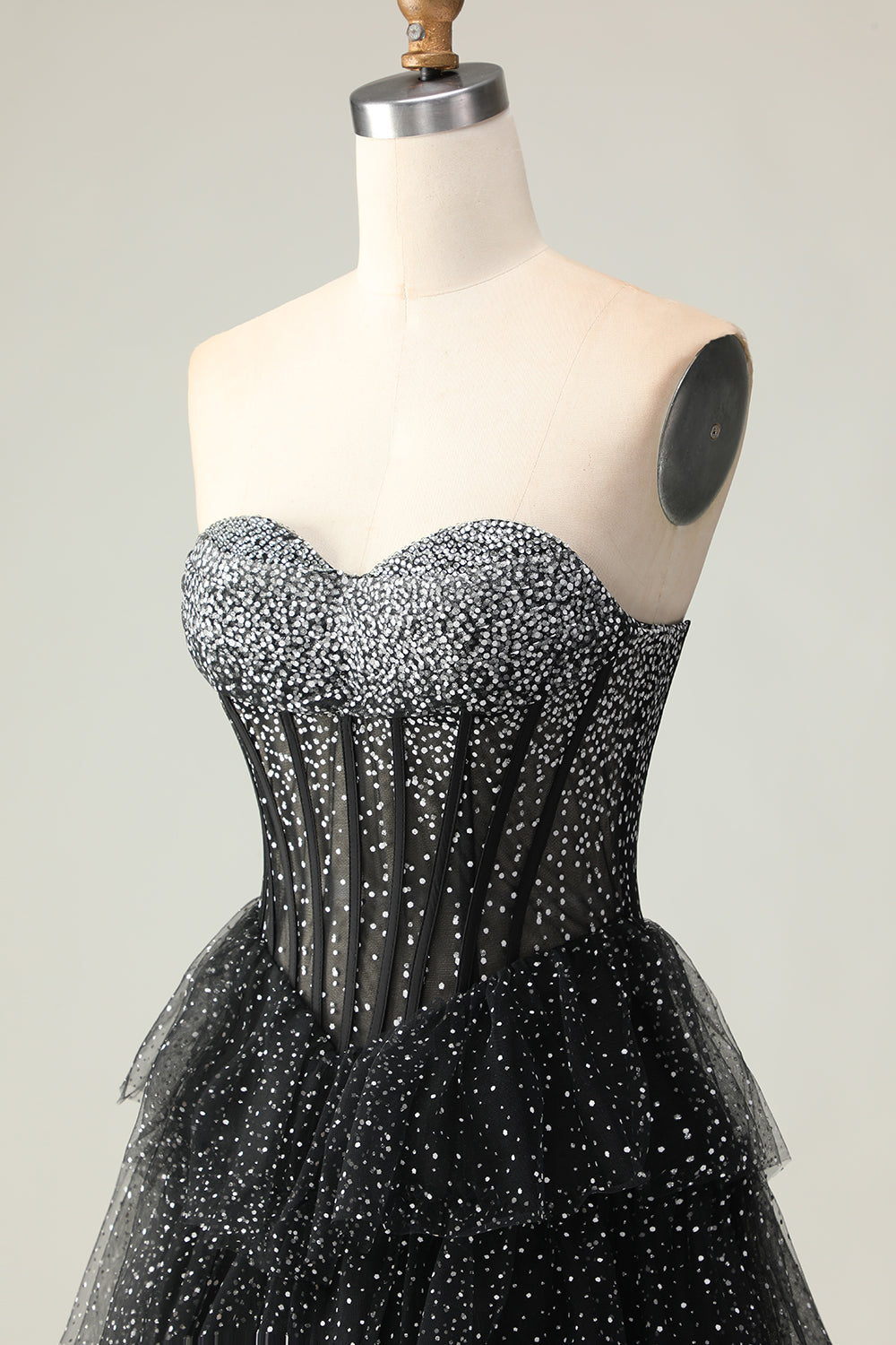 Black White Dot Sweetheart Corset Tiered A-Line Prom Dress With Slit