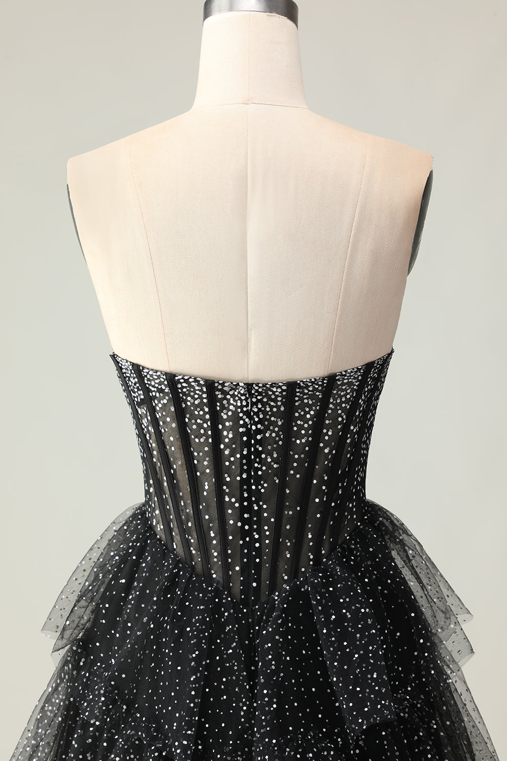 Black White Dot Sweetheart Corset Tiered A-Line Prom Dress With Slit