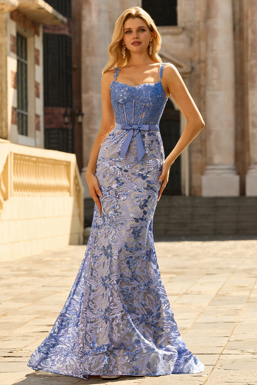 Grey Blue Sequin Mermaid Corset Prom Dress with Appliques