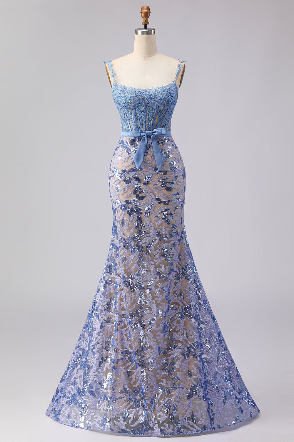 Sparkly Mermaid Grey Blue Corset Appliqued Prom Dress