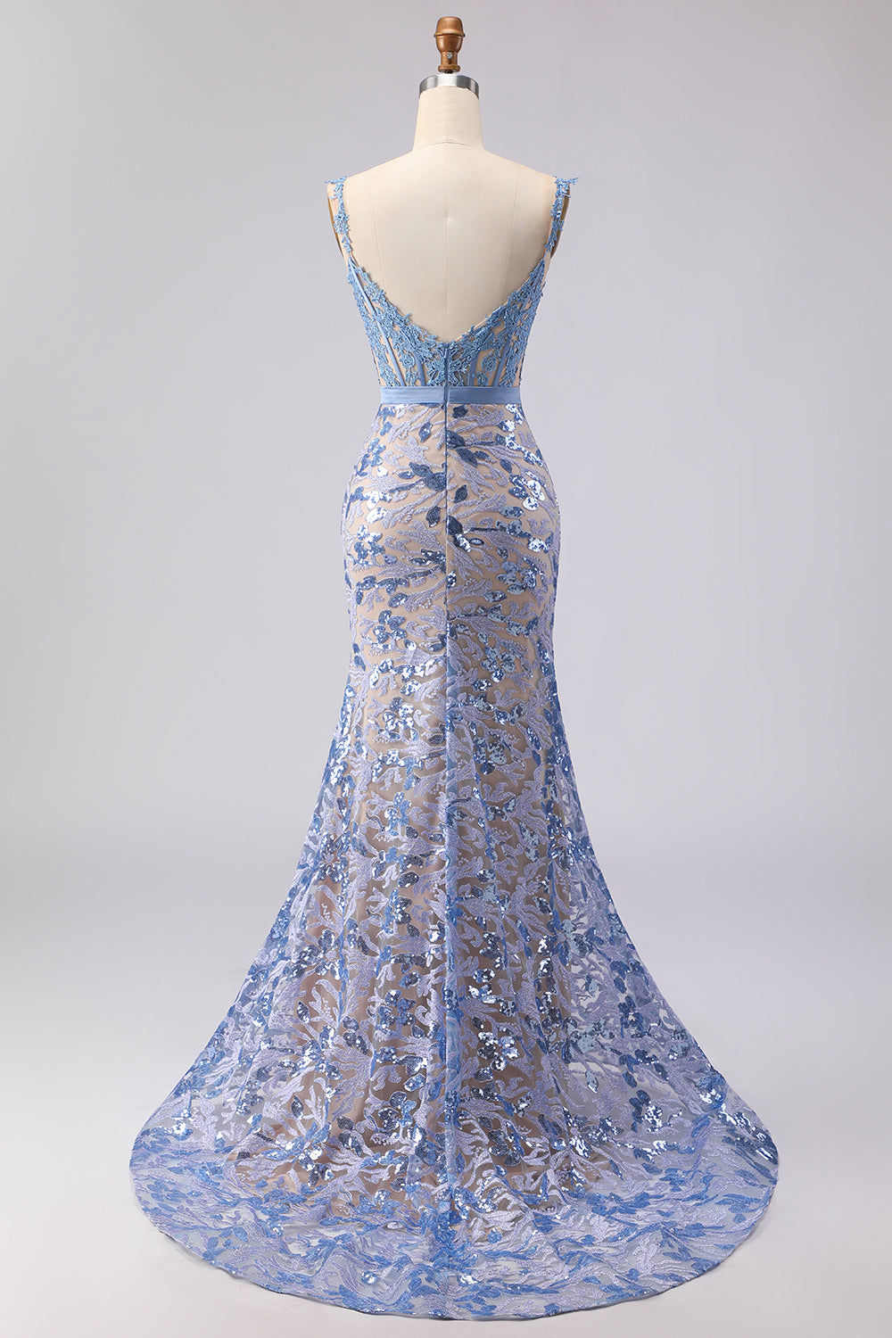 Sparkly Mermaid Grey Blue Corset Appliqued Prom Dress