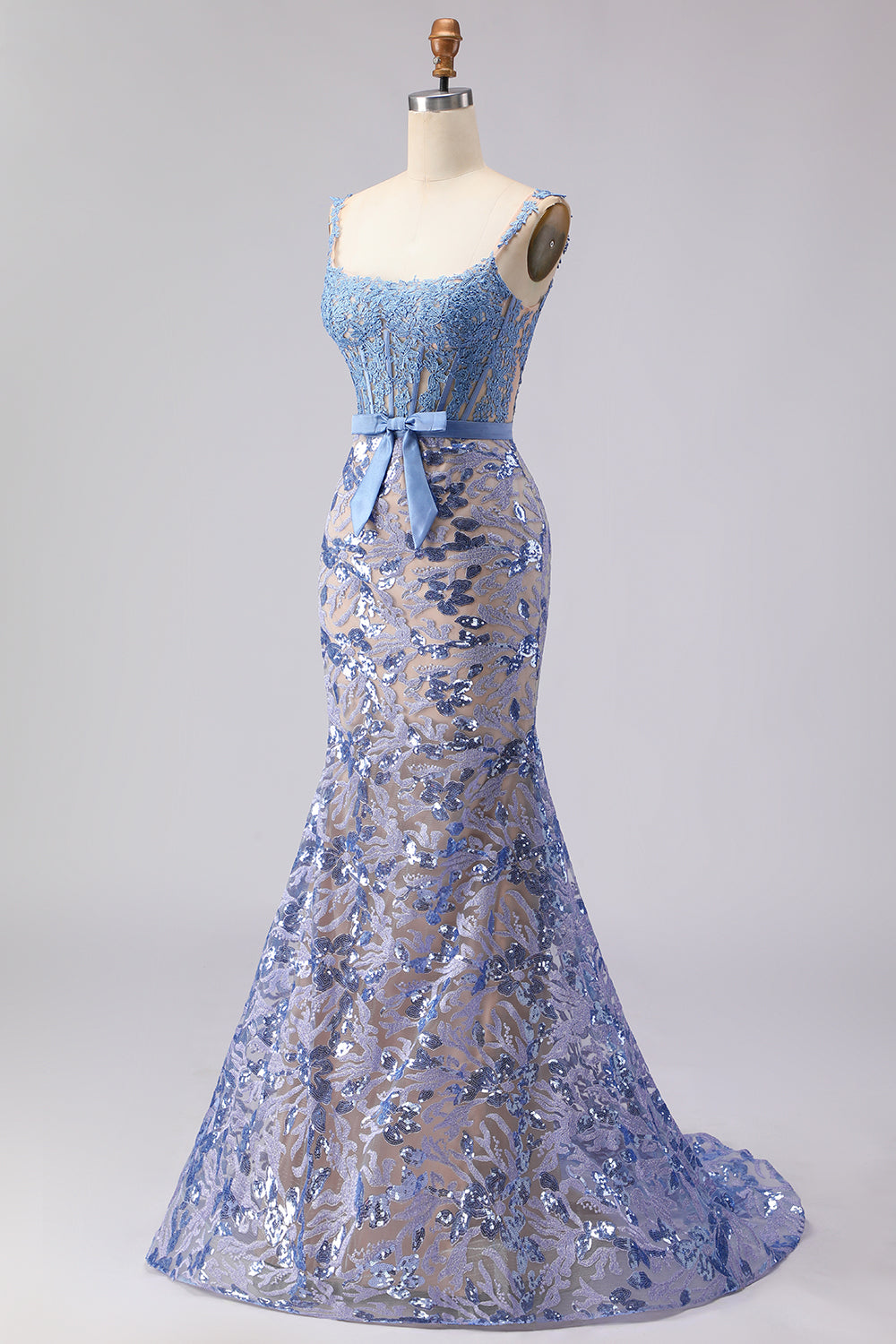 Grey Blue Sequin Mermaid Corset Prom Dress with Appliques