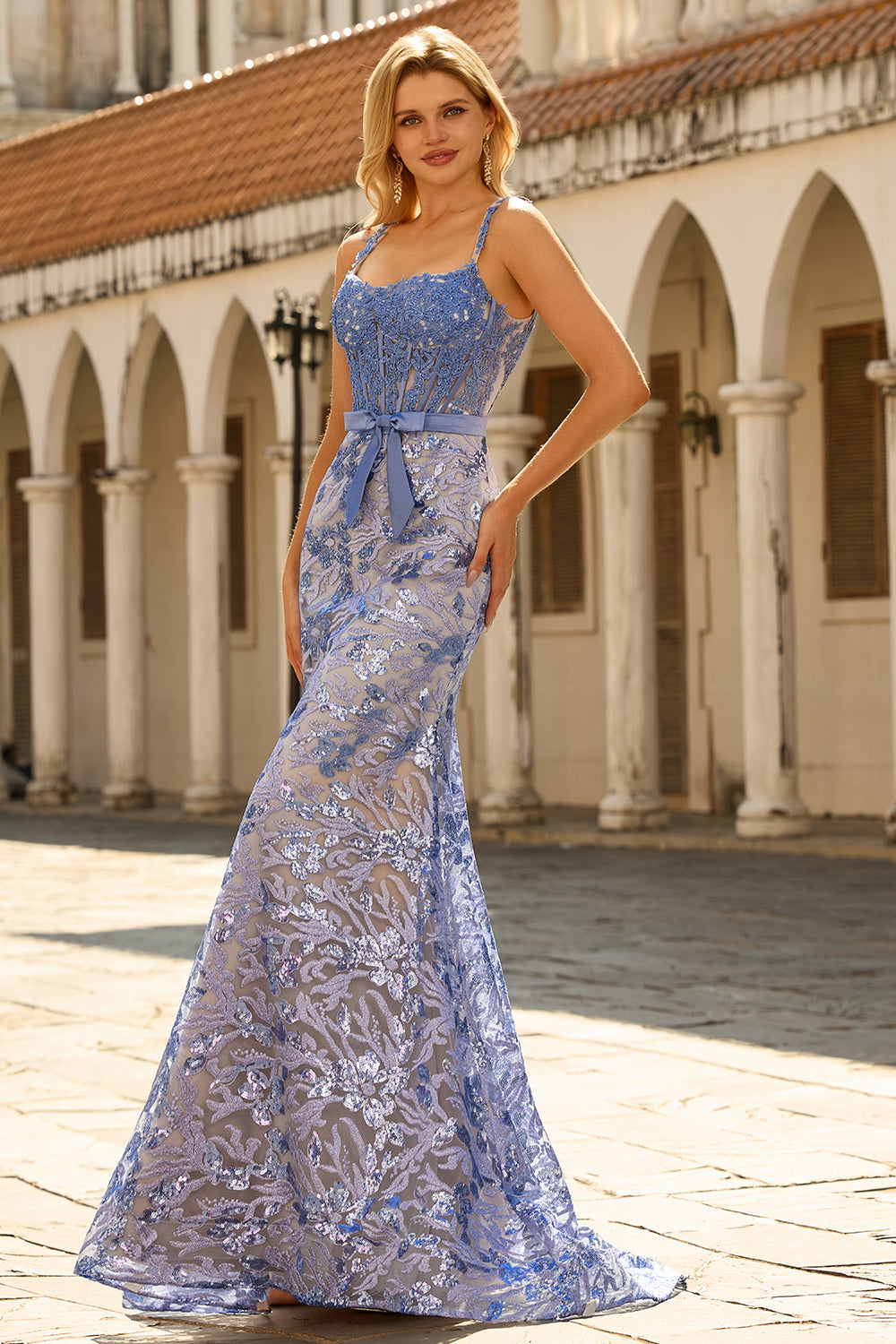 Sparkly Mermaid Grey Blue Corset Appliqued Prom Dress