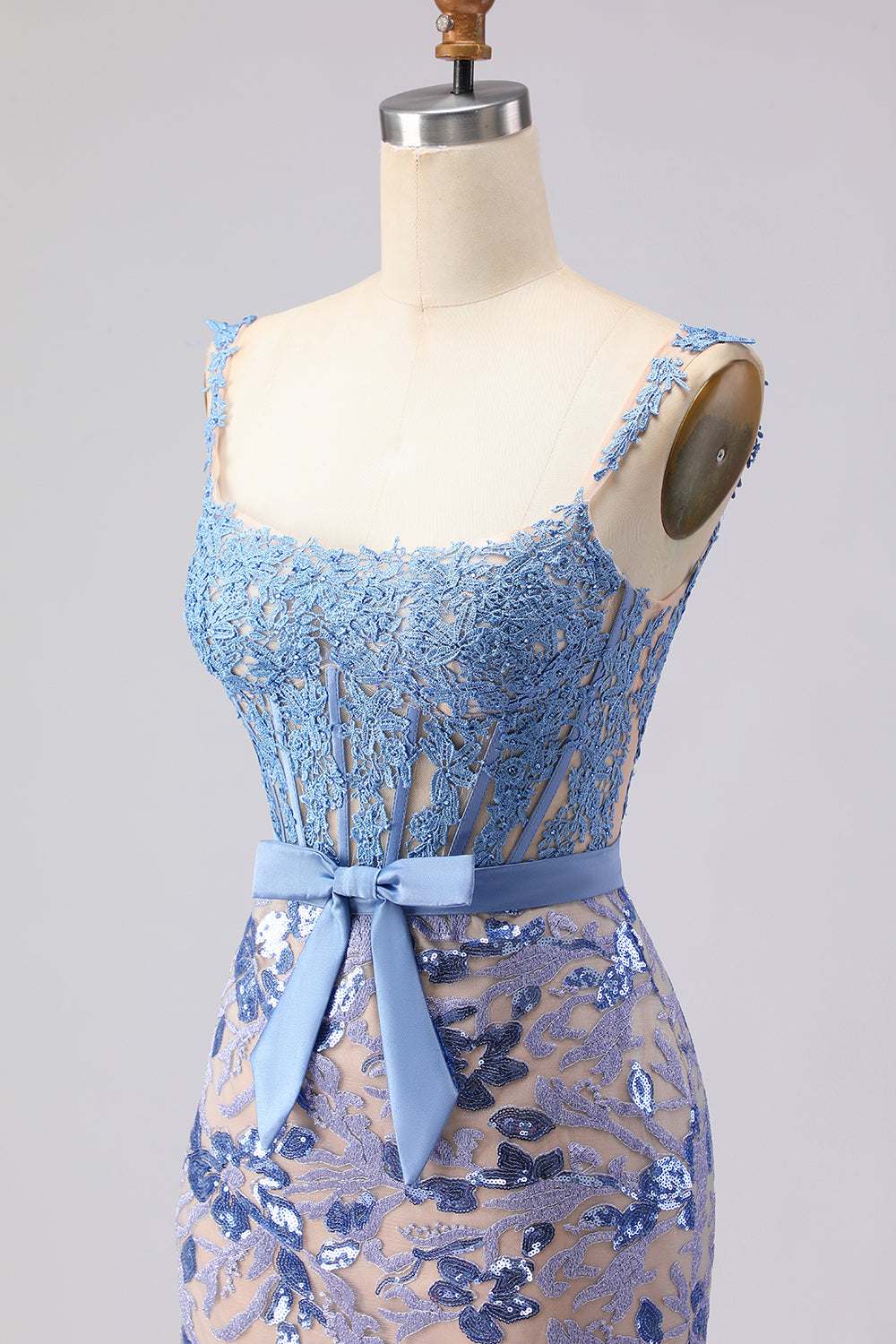 Grey Blue Sequin Mermaid Corset Prom Dress with Appliques