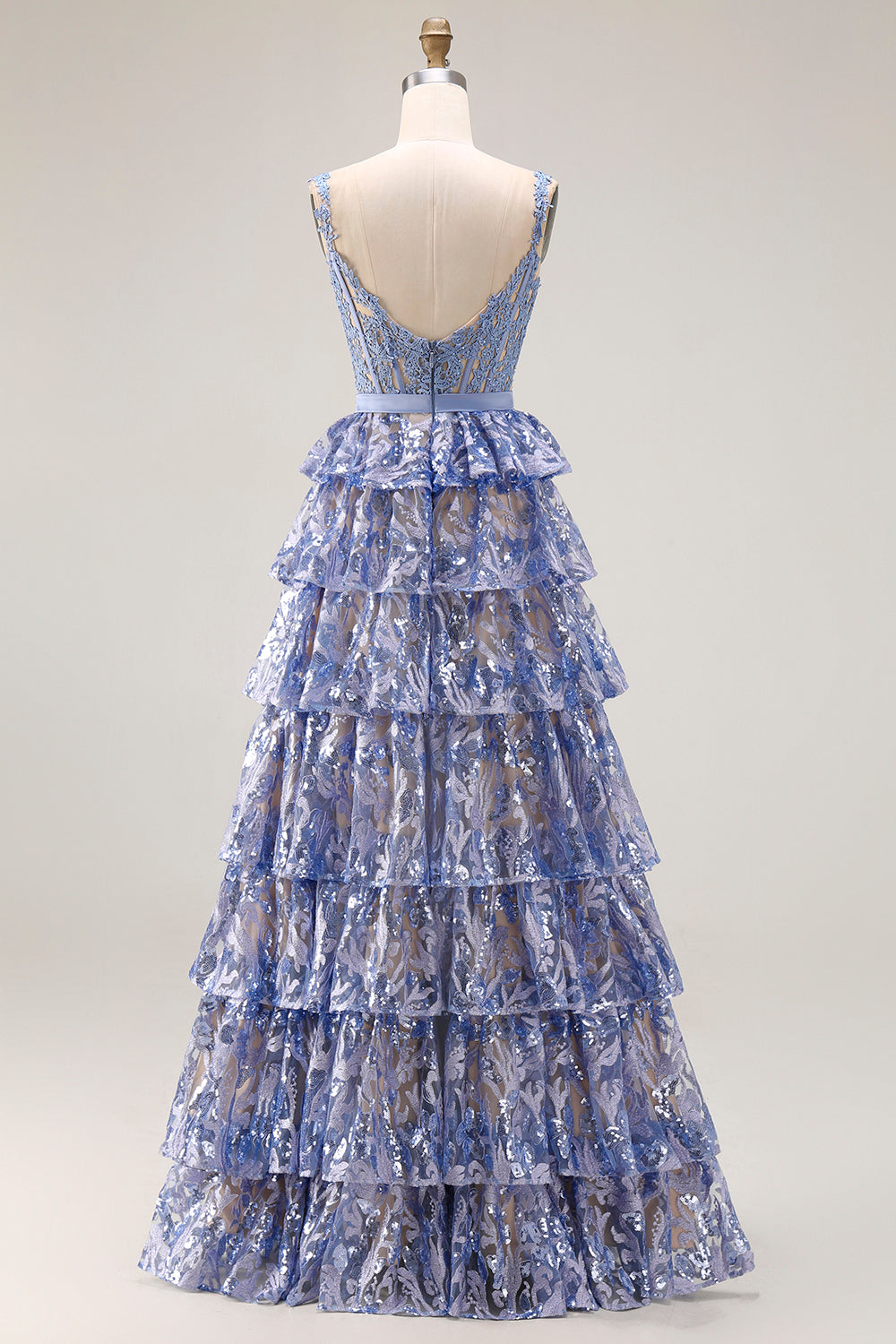 Sparkly Tiered Corset Bowed Appliqued Grey Blue Prom Dress