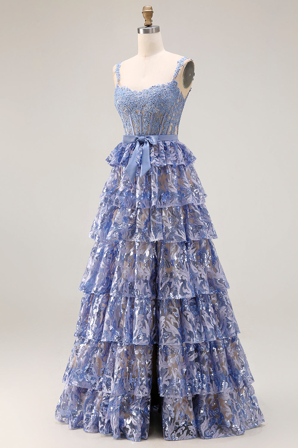 Sparkly Tiered Corset Bowed Appliqued Grey Blue Prom Dress