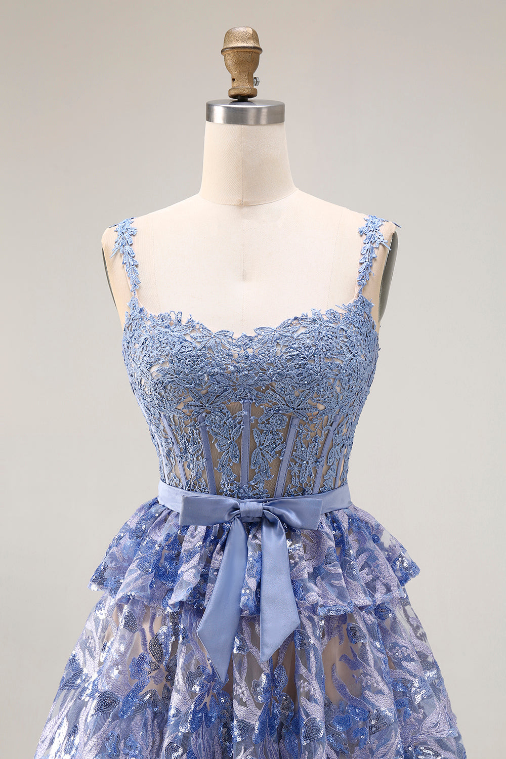 Sparkly Tiered Corset Bowed Appliqued Grey Blue Prom Dress