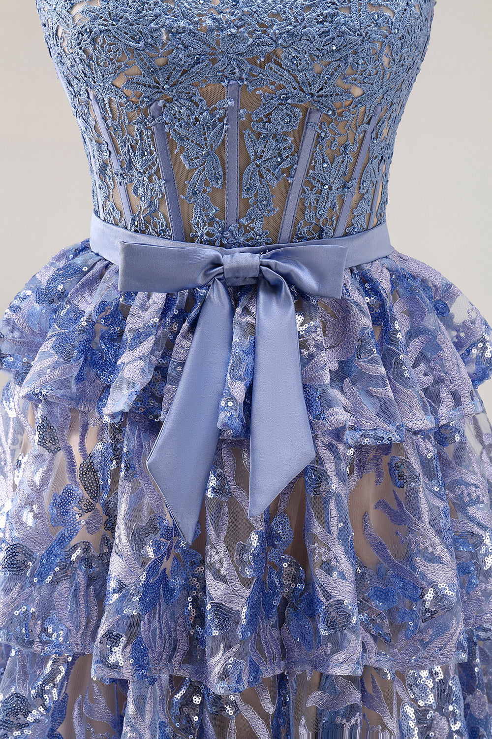 Sparkly Tiered Corset Bowed Appliqued Grey Blue Prom Dress