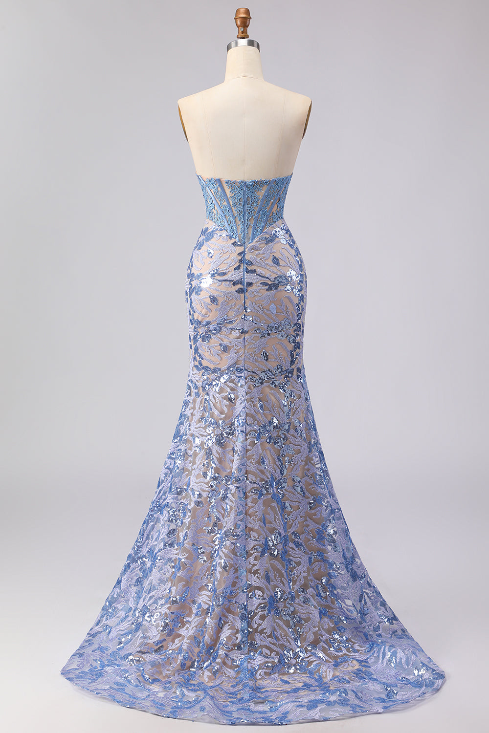 Grey Blue Sequin Mermaid Corset Strapless Prom Dress