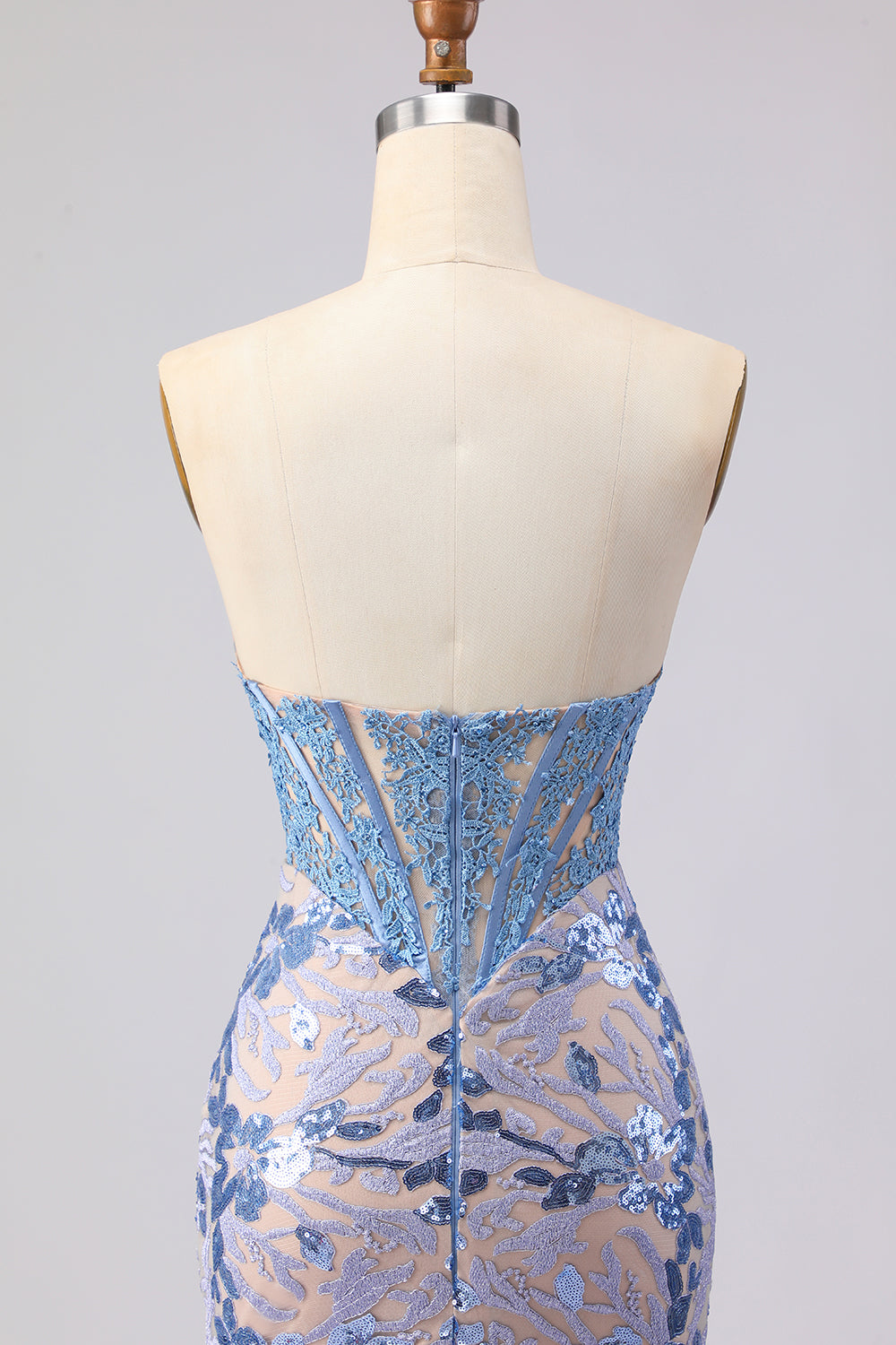 Grey Blue Sequin Mermaid Corset Strapless Prom Dress