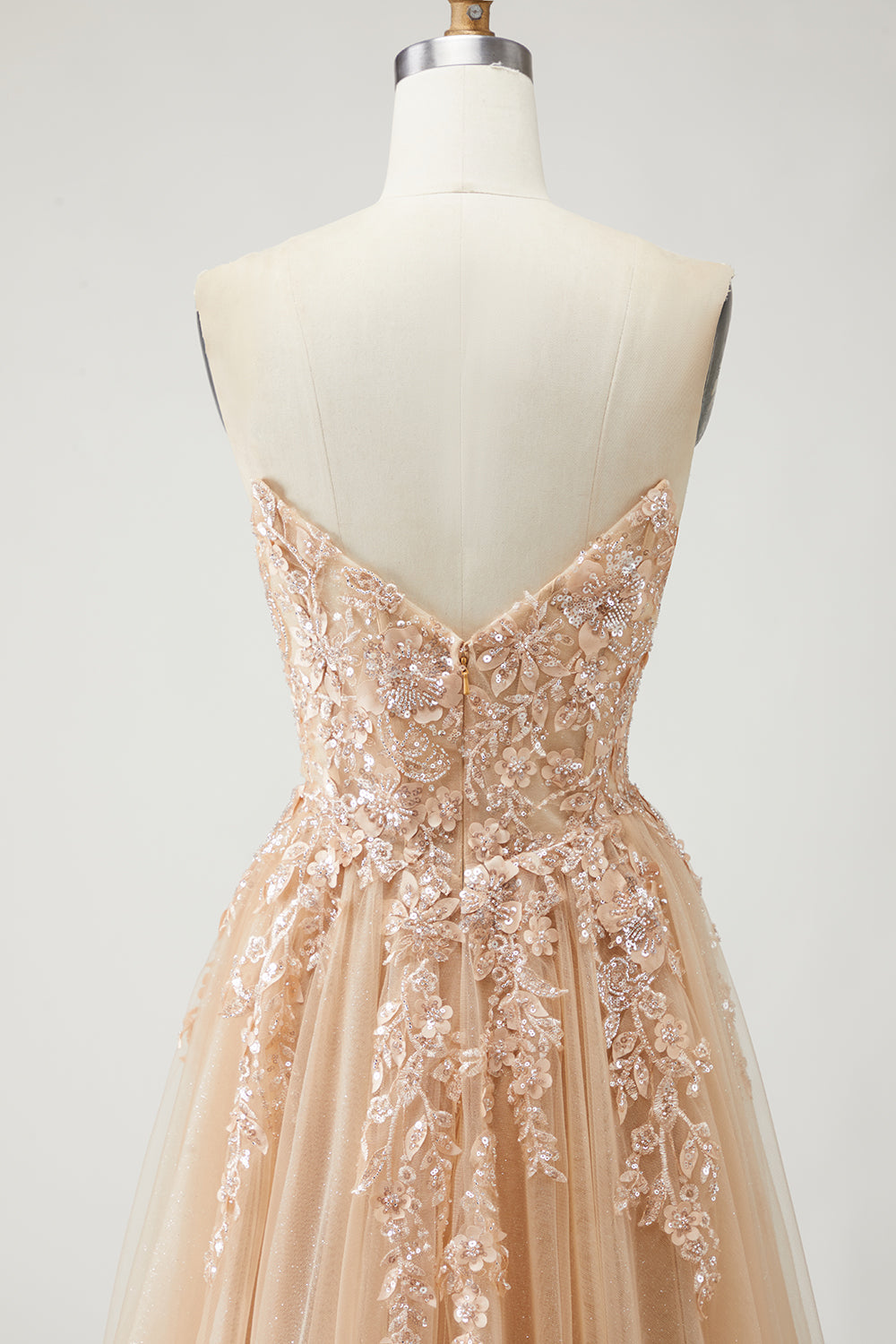 Sparkly Champagne Strapless Appliqued Prom Dress With Removable Sleeves